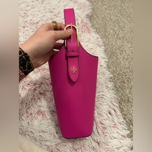 Tory Burch Pink Saffiano Leather Bucket Tote Wine Bottle Bag